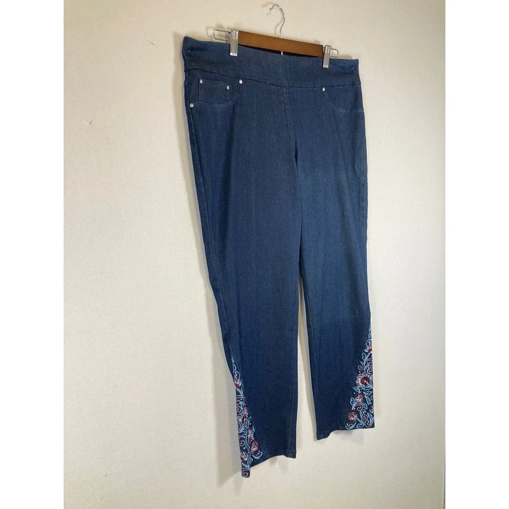 Boho Floral Ruby Rd. Womens 12 Blue Embroidered Pull-On Cropped Jeans 23100 QI‎